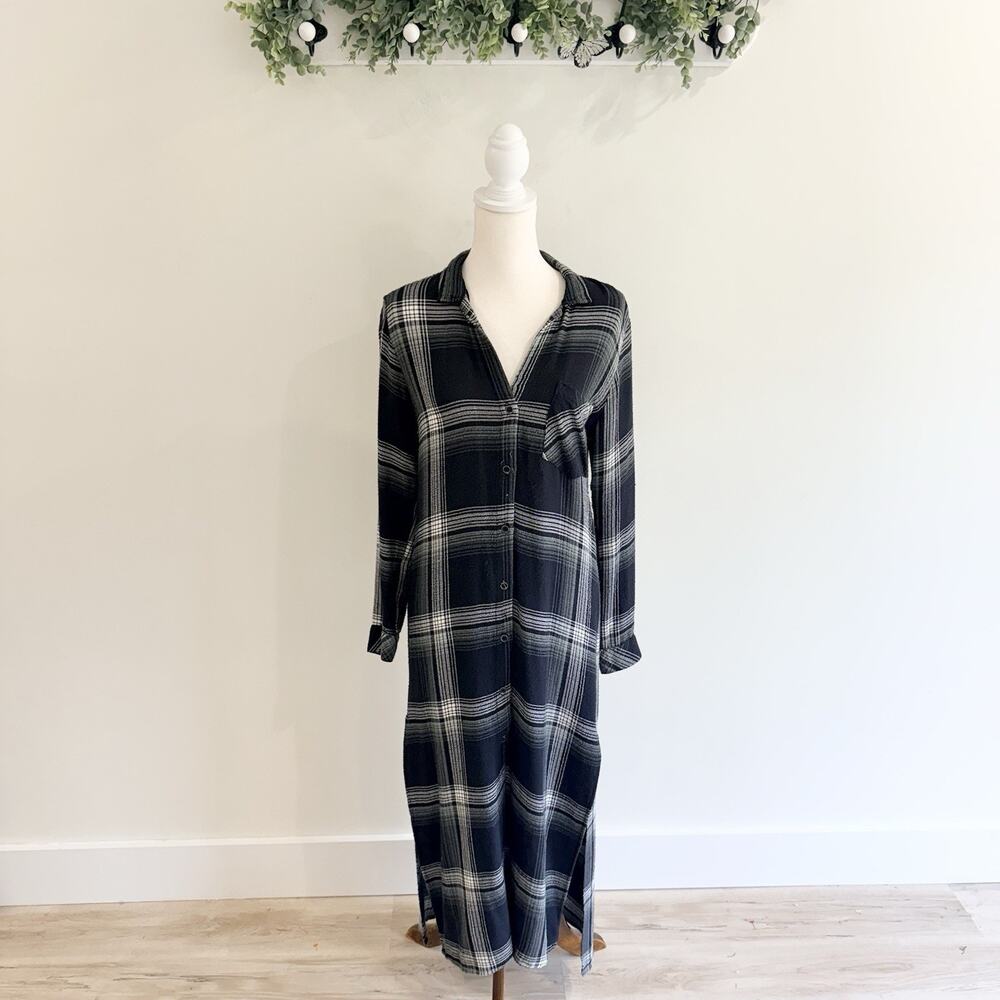 Bella Dahl Rolled Sleeve Duster Dress Black/White Plaid Size XS 135039